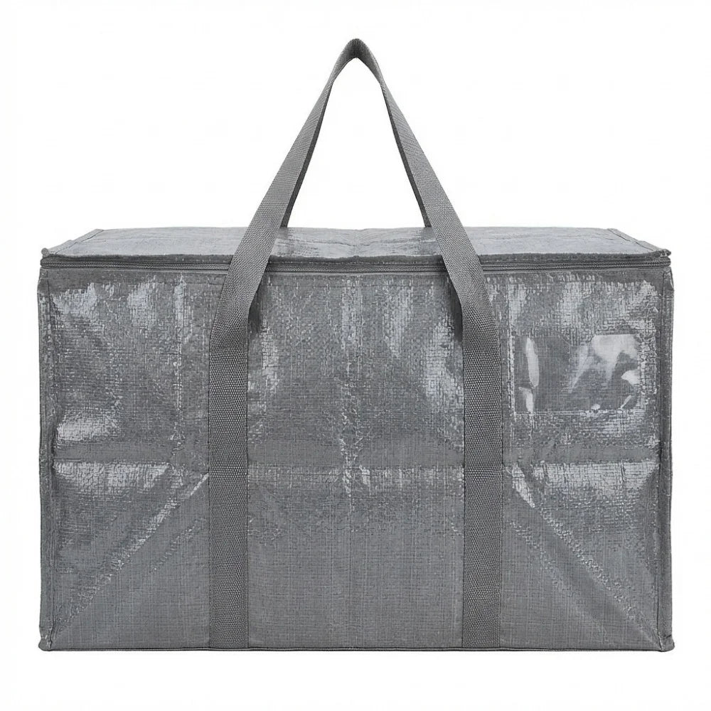 A gray heavy duty waterproof moving bag with handles and zippers.