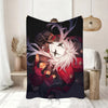 A dark illustration of Pierrot with purple hair and a mask wearing a red circus-themed throw blanket.