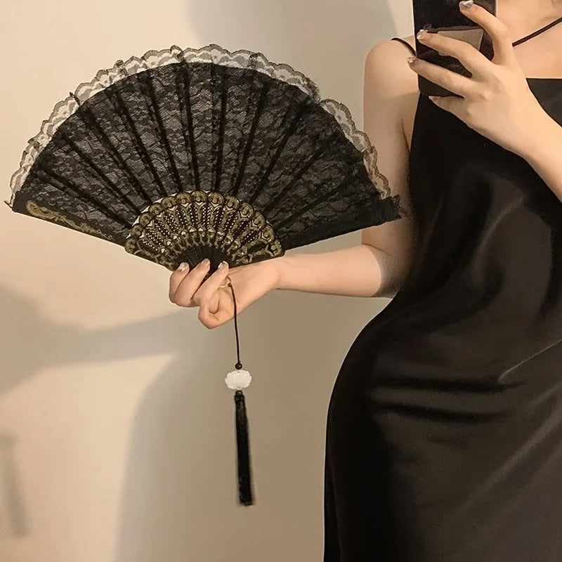 Elegant Lace Fabric Hand Fan with Floral Design