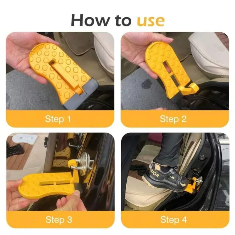 Step-by-step instructions showing how to use a foldable aluminum car step hook for roof rack access.