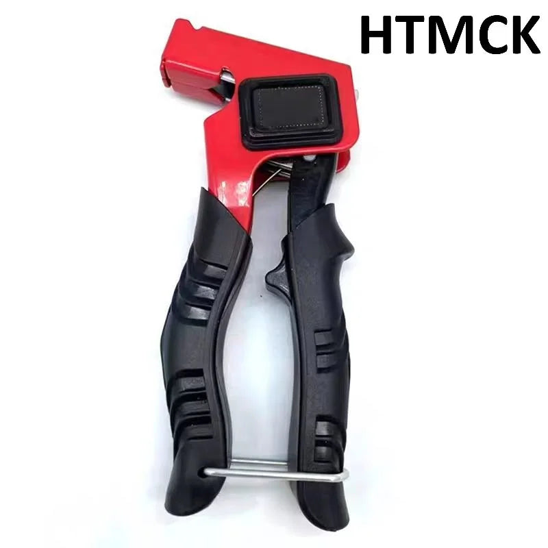 Red hand riveter tool with black grips and a square driver plate