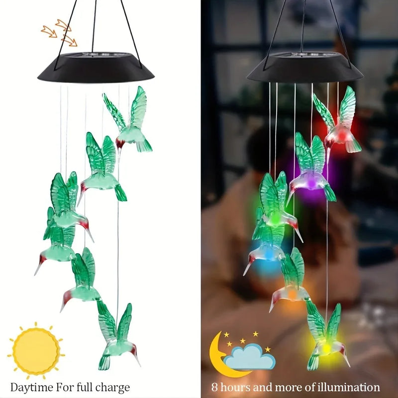 Solar-Powered Hummingbird Wind Chimes with Color-Changing LED