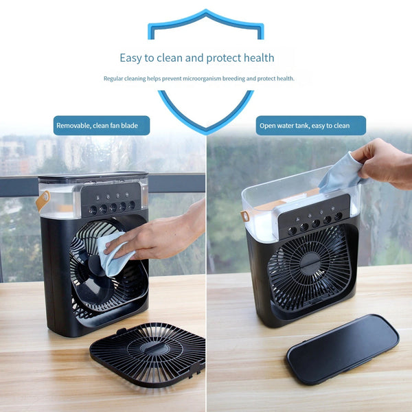 Dispositivo de comodidad personal con aspa de ventilador y tanque de agua abierto, mostrando su facilidad de limpieza.