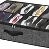 Under-bed shoe storage organizer with a clear window displaying various pairs of shoes.