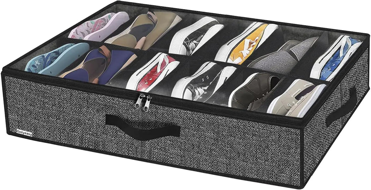 Under-bed shoe storage organizer with a clear window displaying various pairs of shoes.
