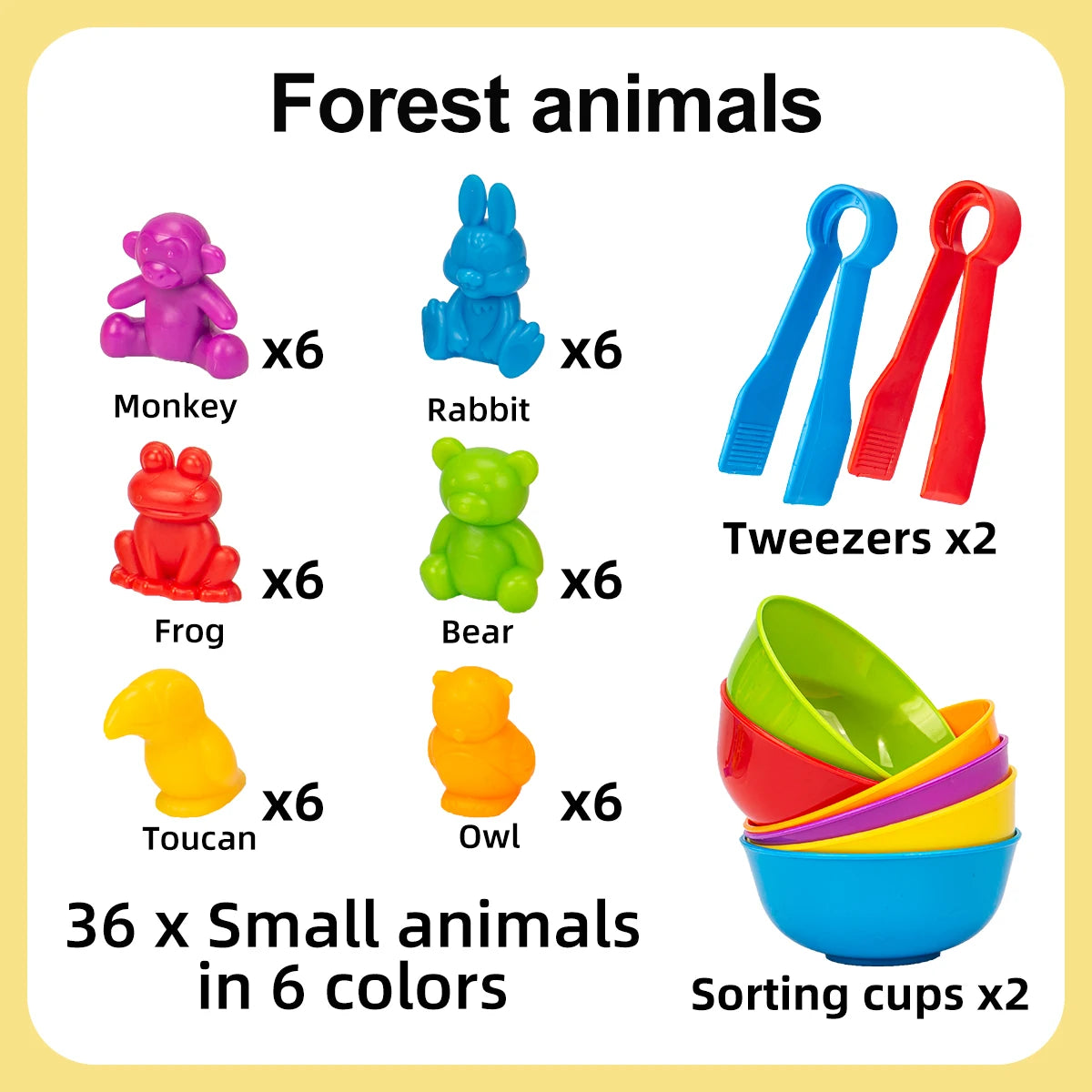A set of 36 small forest animals in 6 colors, including monkeys, rabbits, frogs, toucans, bears, and owls, with sorting cups.