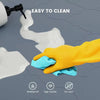 A yellow glove is shown cleaning a white silicone sink protector mat, highlighting its waterproof, high quality, and no odor 