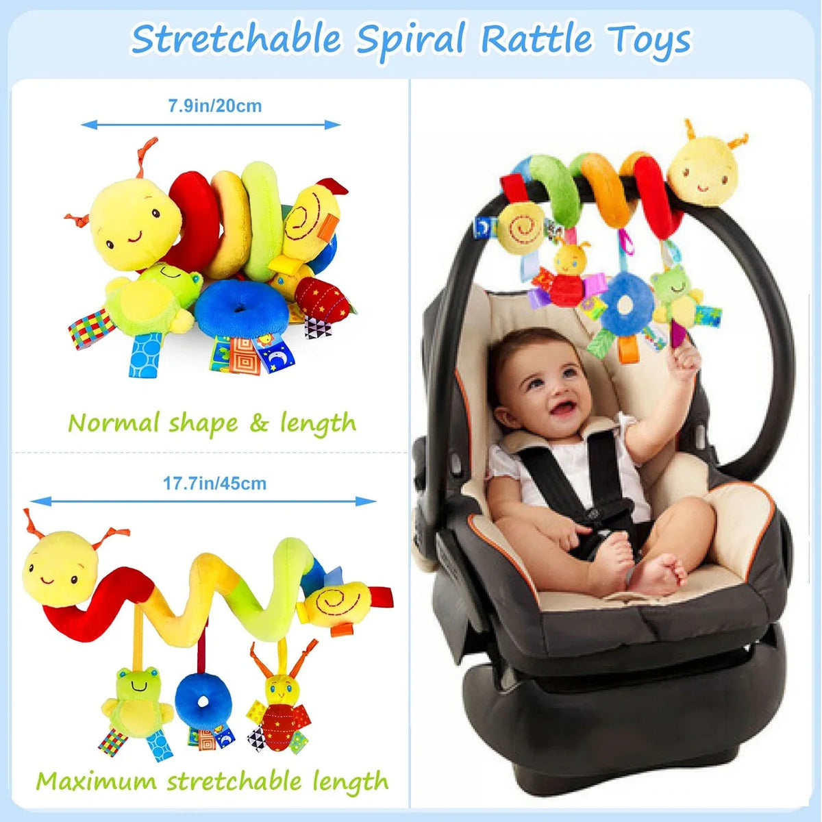 A soft plush hanging baby toy set designed for strollers, cribs, and car seats.