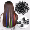 A dark brown hair with multicolored extensions is shown next to a pile of 100 silicone-lined micro rings for hair extension i