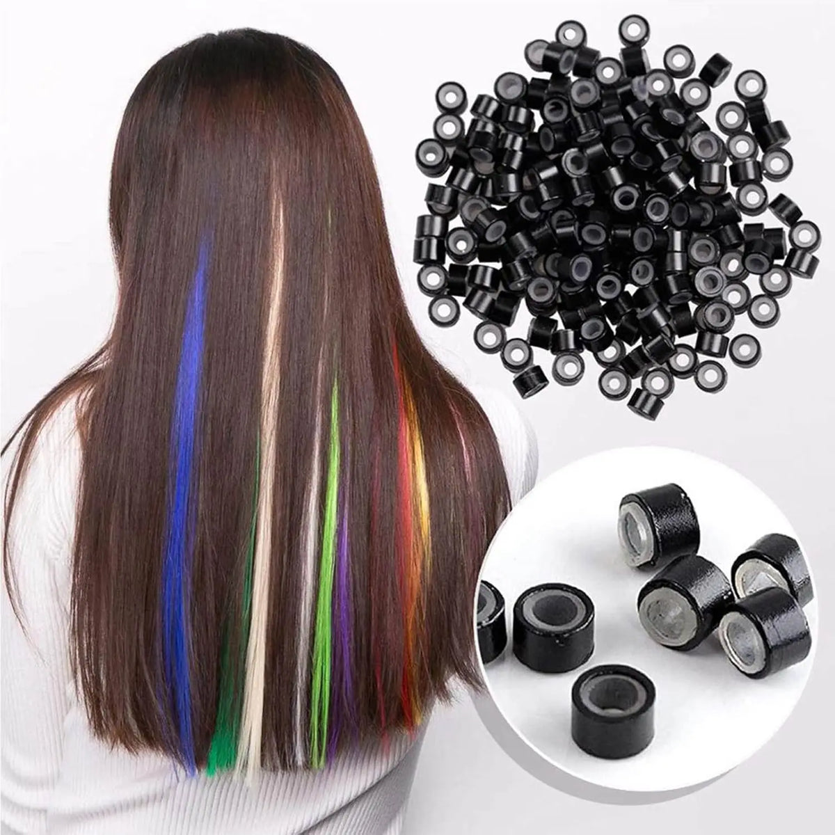 A dark brown hair with multicolored extensions is shown next to a pile of 100 silicone-lined micro rings for hair extension i