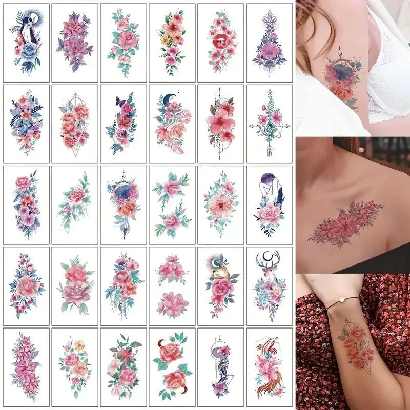 Colección de pegatinas de tatuajes temporales con diseños de luna, estrella, diablo y flores en la piel.
