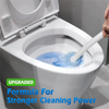 A hand is using a white toilet wand to dispense blue cleaning liquid into a toilet bowl.