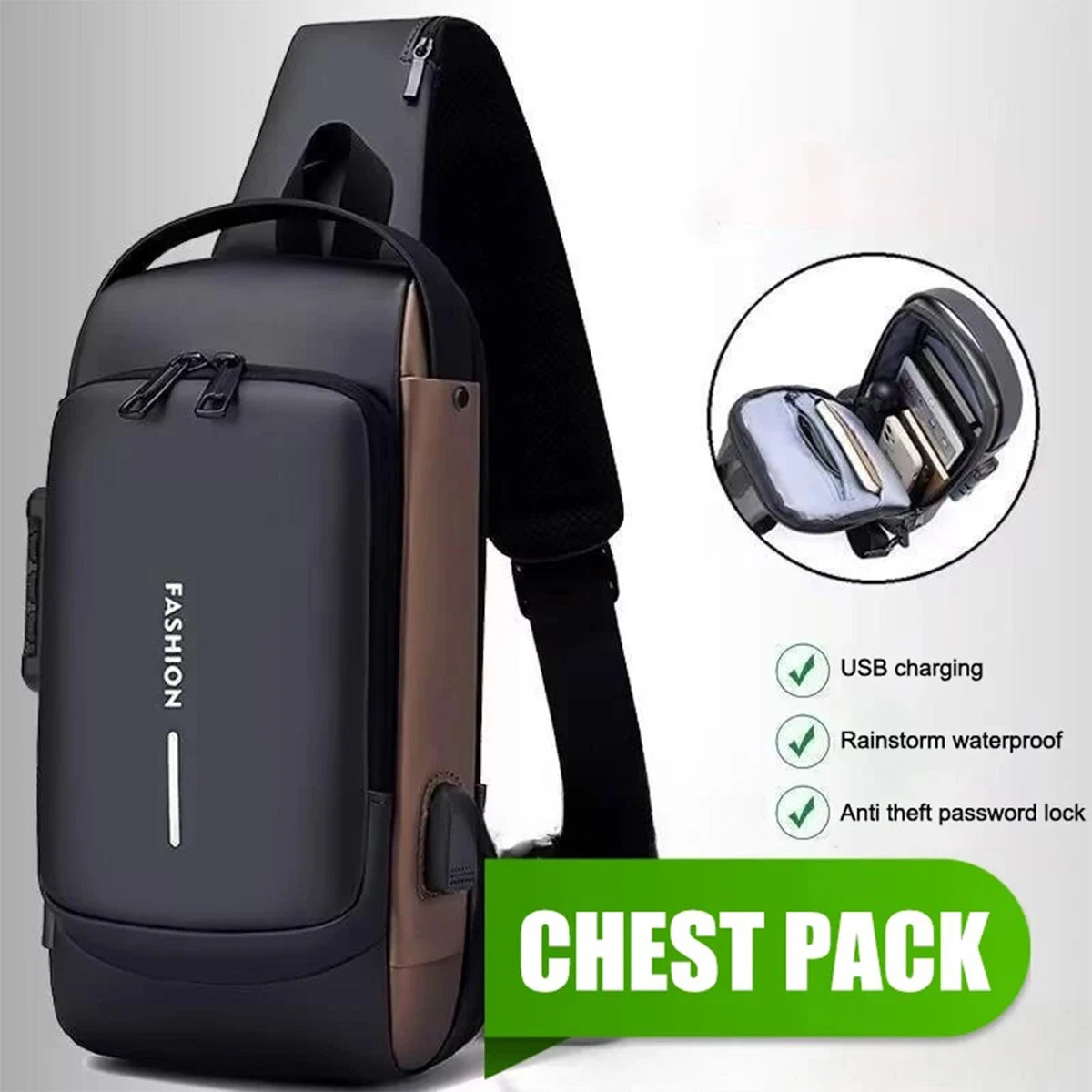 Men's Waterproof Anti-Theft Crossbody Bag with USB Charging Port