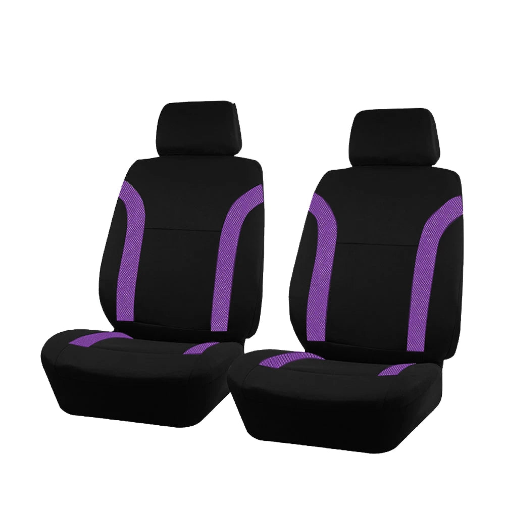 A set of black and purple two-tone car seat covers for a car seat.