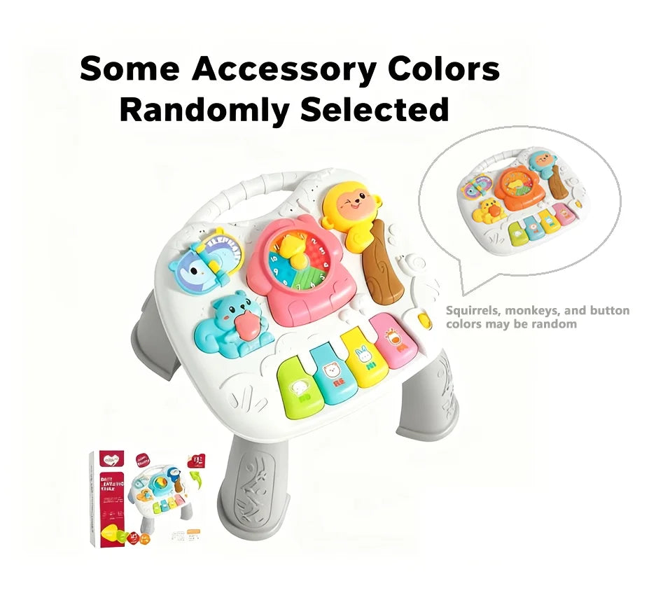 A white interactive baby learning table with colorful accessory colors randomly selected, featuring animal figures and piano 