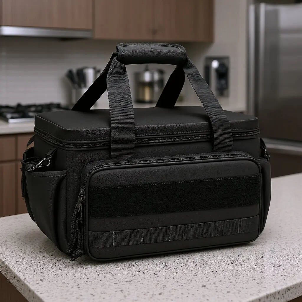 A black 14-inch heavy duty tool bag with padded compartments and carrying handles resting on a light surface.