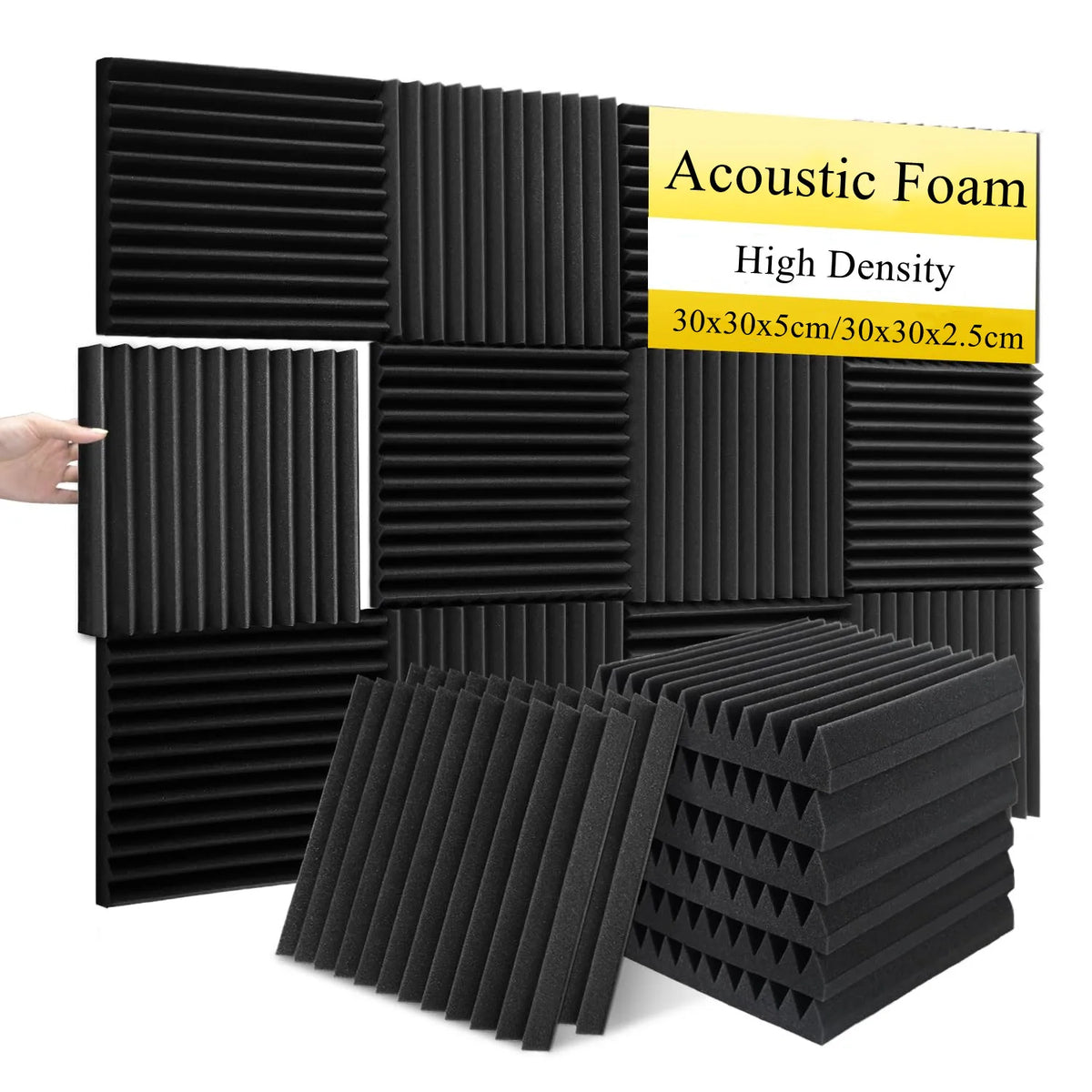 A pack of high-density black acoustic foam panels for soundproofing and noise reduction