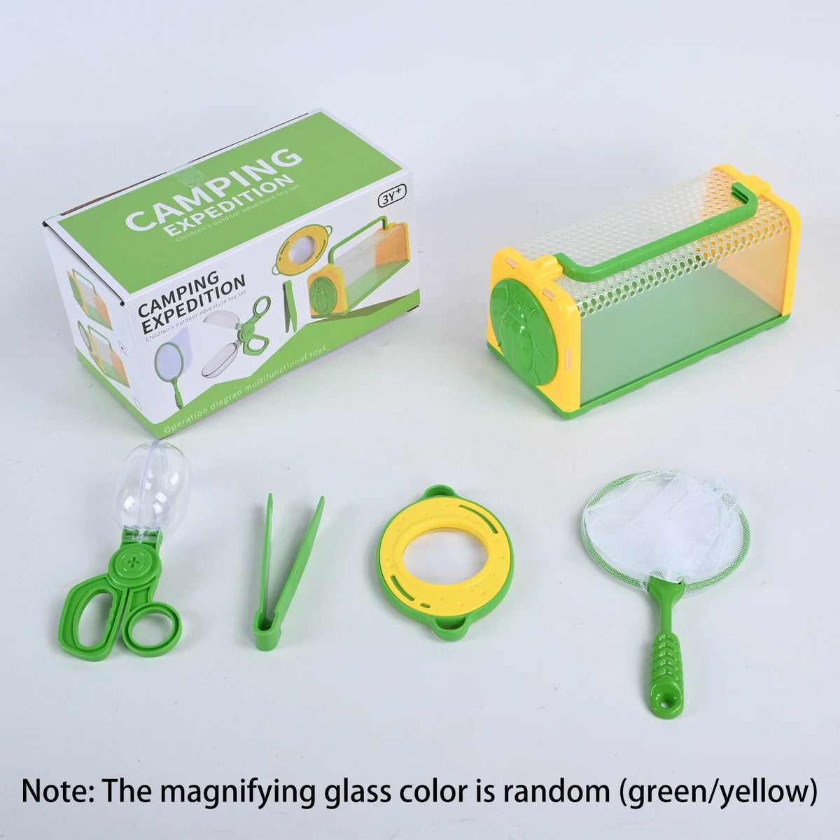 A camping expedition kit featuring an observation cage with a net and a magnifying glass.