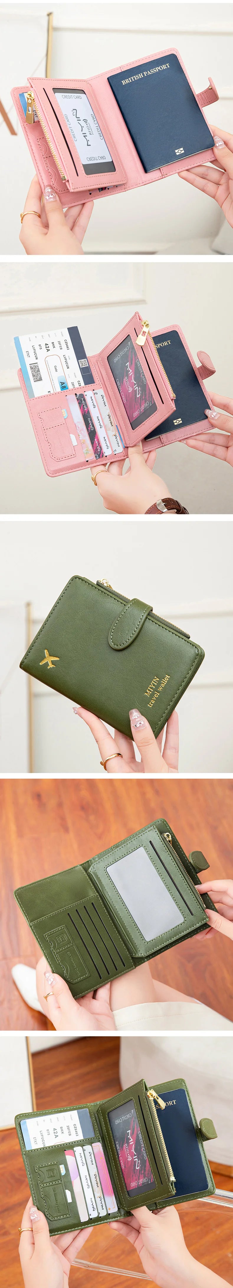 A green leather passport wallet with RFID blocking features and card slots is shown being held by hands.