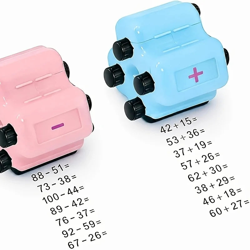 A set of four colored roller stamps for math practice showing addition and subtraction problems.