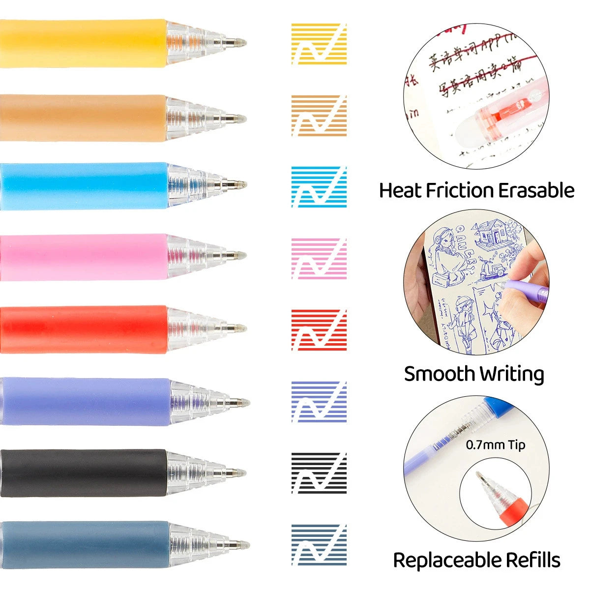 A collection of various colored retractable gel pens demonstrating features like heat friction erasability, smooth writing, 0