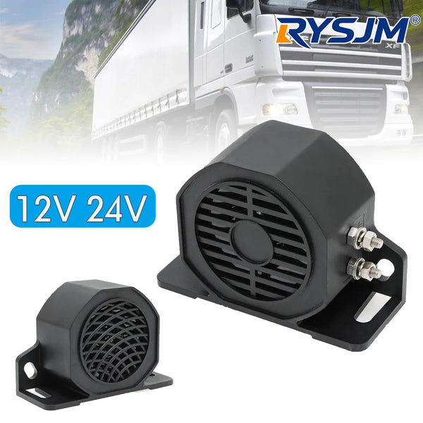 A black 12V 24V reverse alarm buzzer is shown next to a white truck and a separate mounting bracket.