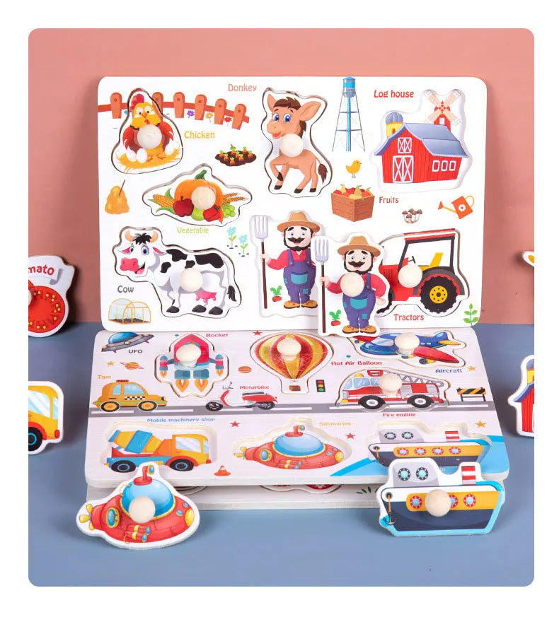 A set of wooden alphabet and number peg puzzles featuring farm animals like a donkey, cow, and chicken.