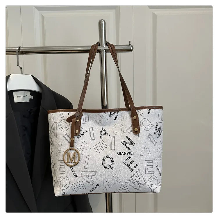 Large Capacity Letter-Print PU Leather Tote Bag