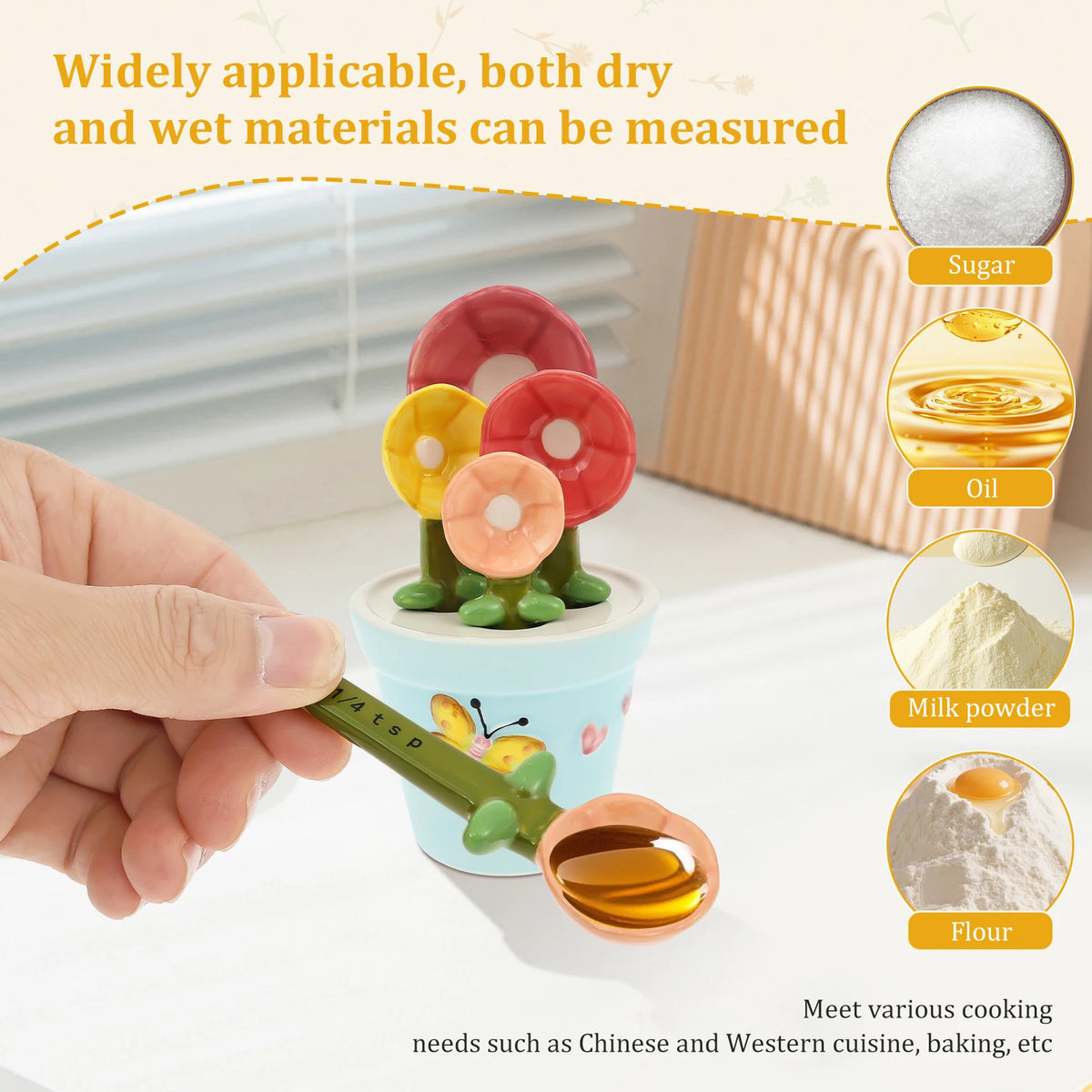 A hand holds a ceramic flower-shaped measuring spoon set with a stand, demonstrating that both dry and wet materials can be m