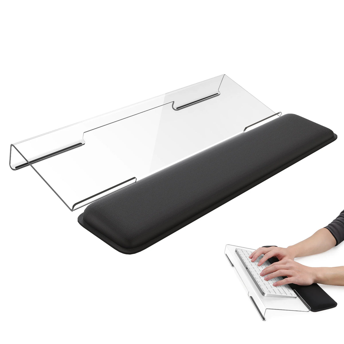 An ergonomic acrylic keyboard stand with a memory foam wrist rest shown next to a hand typing on a laptop.