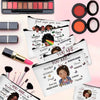 A cosmetic bag featuring inspirational text and a woman's face, with a palette of makeup products visible.