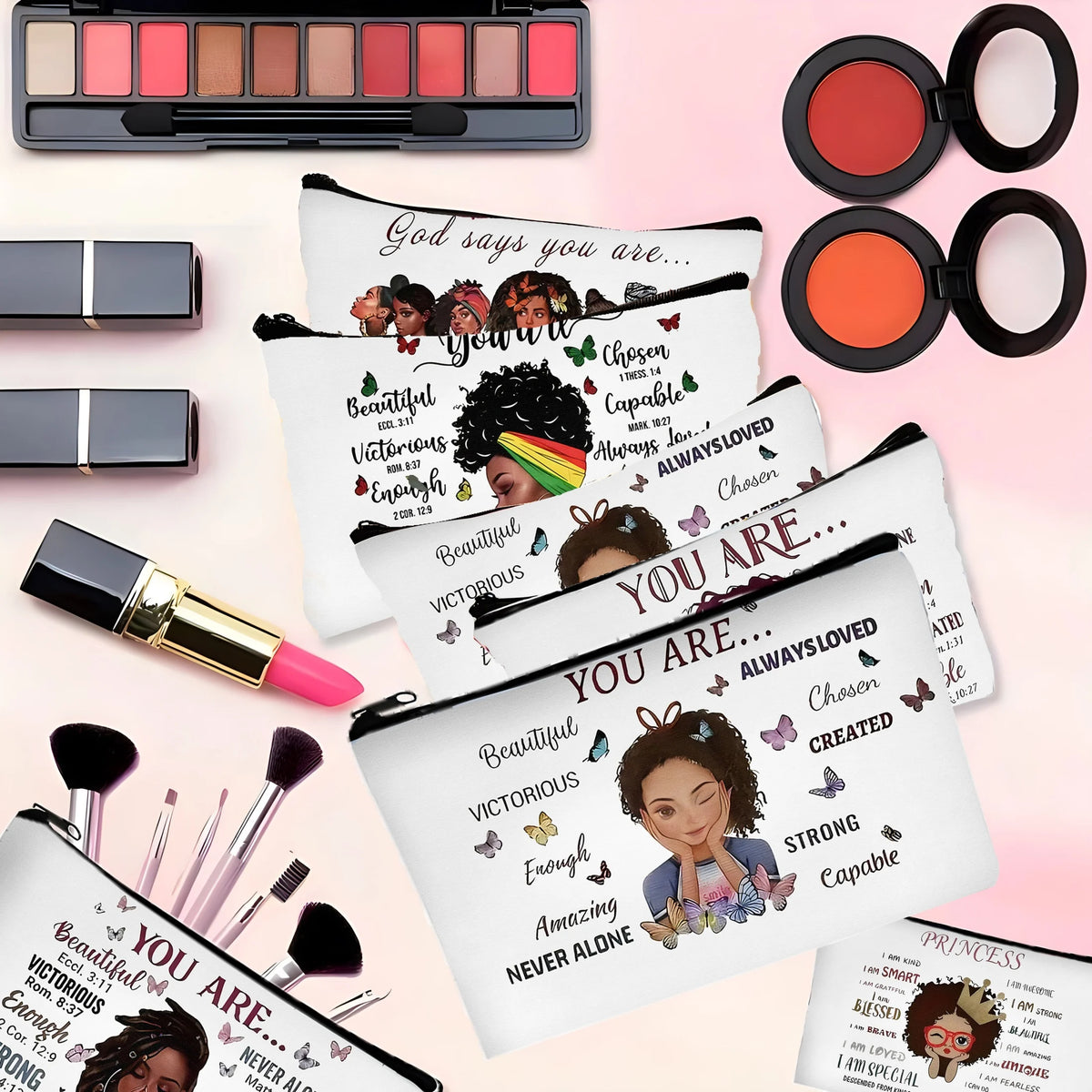 A cosmetic bag featuring inspirational text and a woman's face, with a palette of makeup products visible.