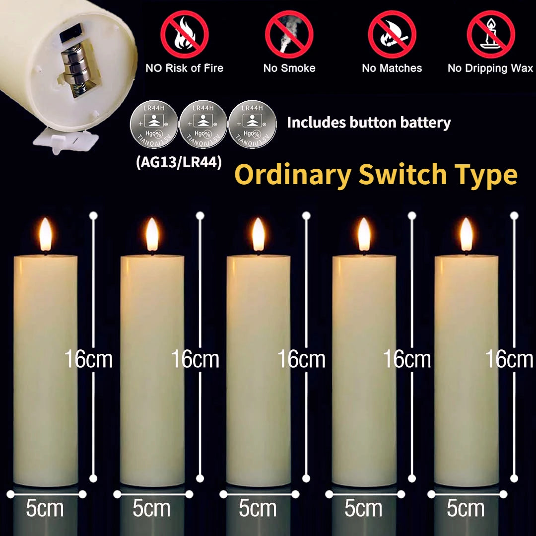 Set of five white LED pillar candles with remote control and timer features