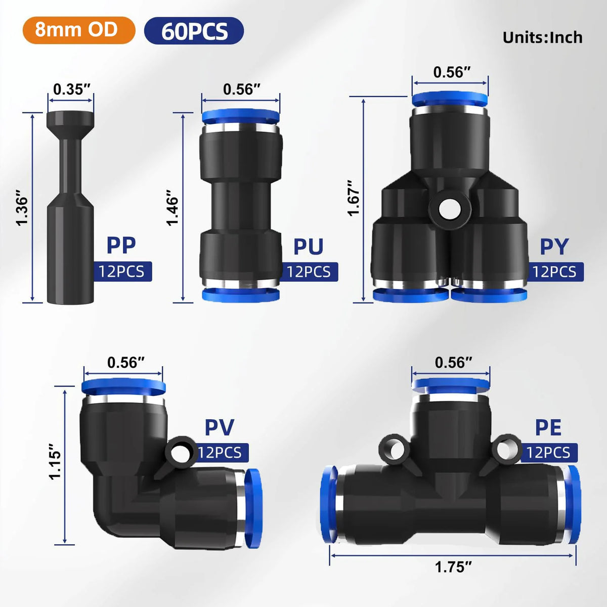 Set of 60 pieces of 8mm OD quick connect air hose fittings in various materials including PP, PU, PY, PV, and PE.