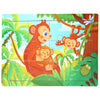 A wooden jigsaw puzzle featuring jungle animals including a monkey, a tiger cub, and various tropical plants.