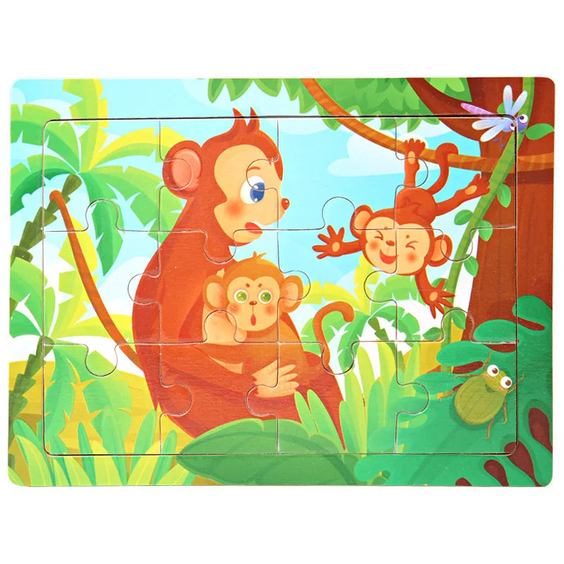 A wooden jigsaw puzzle featuring jungle animals including a monkey, a tiger cub, and various tropical plants.