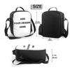 A black backpack set for kids including a lunch bag and pencil case with size measurements shown.