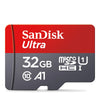 A red and gray SanDisk Ultra microSD card with capacity 32GB and compatibility for A1 and HC-I devices.