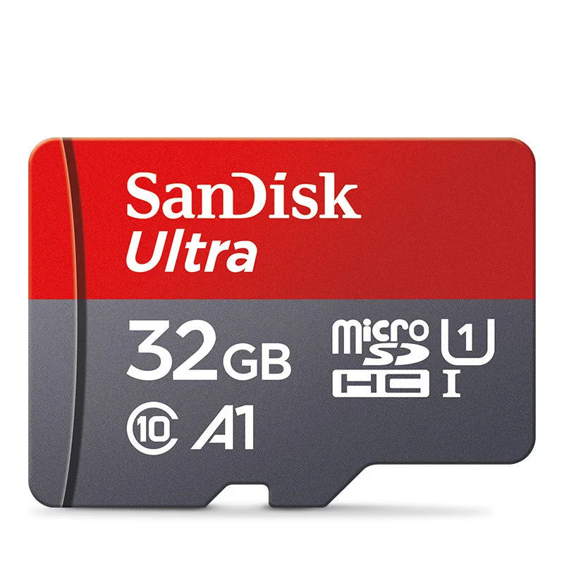 A red and gray SanDisk Ultra microSD card with capacity 32GB and compatibility for A1 and HC-I devices.
