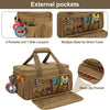 A tan heavy-duty tool bag with a padded handle showing external pockets, multiple slots for short tools, and a mesh zip pocke