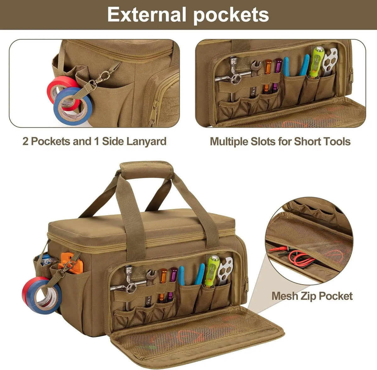 A tan heavy-duty tool bag with a padded handle showing external pockets, multiple slots for short tools, and a mesh zip pocke