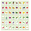 A grid of colorful flash cards featuring various fruits, vegetables, and spices for children's vocabulary learning.