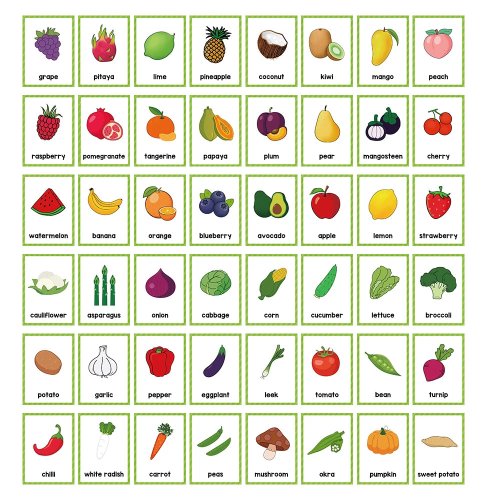 A grid of colorful flash cards featuring various fruits, vegetables, and spices for children's vocabulary learning.