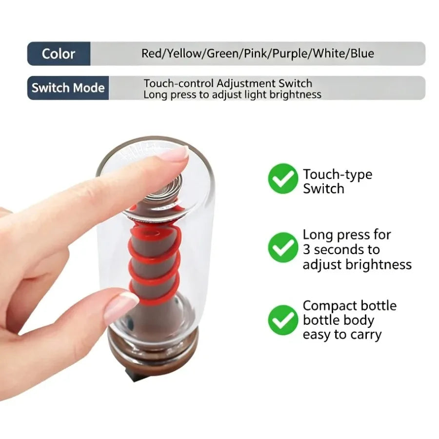 A hand is shown pressing a touch-type adjustment switch on a compact glass bottle light to change the brightness.