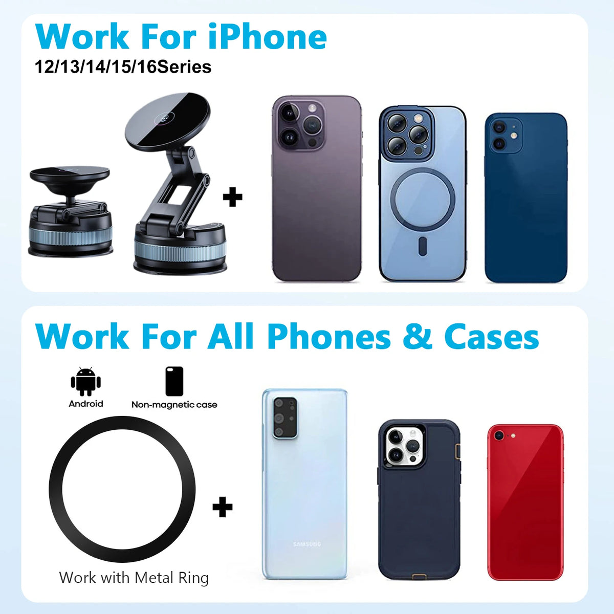 A magnetic vacuum suction car phone holder with various phone cases and accessories.