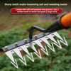 A close-up of a carbon steel garden weeding rake with sharp tines and an ergonomic handle being used to loosen soil.