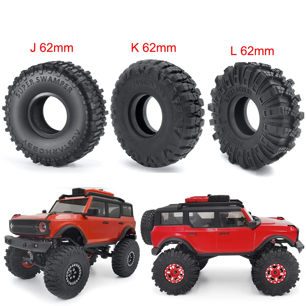Three sizes of soft rubber tires J K and L 62mm for RC crawler cars with a red off-road vehicle.