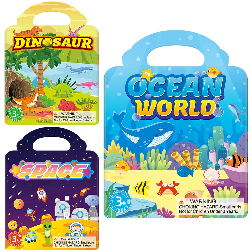 Three reusable jelly sticker books featuring dinosaur, ocean world, and space themes for children