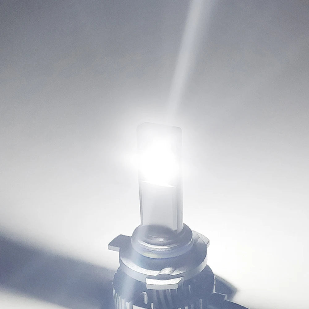 A close-up shot of an ultra-bright LED headlight bulb emitting a powerful white light.