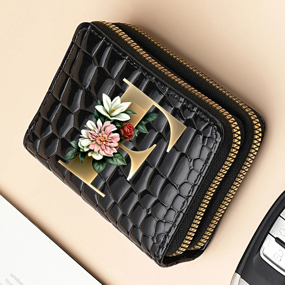 Alphabet Flower Double-Zip Card Wallet with Secure Clasp